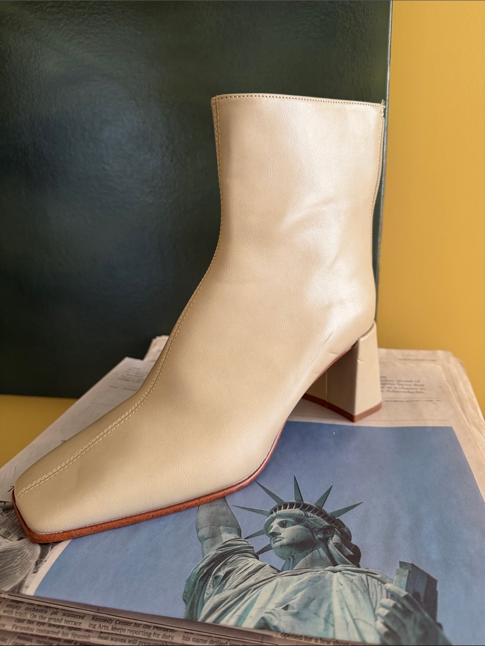 Mango Beige Leather Square-Toe Block Heel Ankle Boot